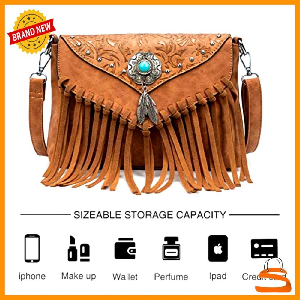 Faux Leather Crossbody Bag with Fringe Tassel Adjustable Strap Wristlet - Picture 6 of 7